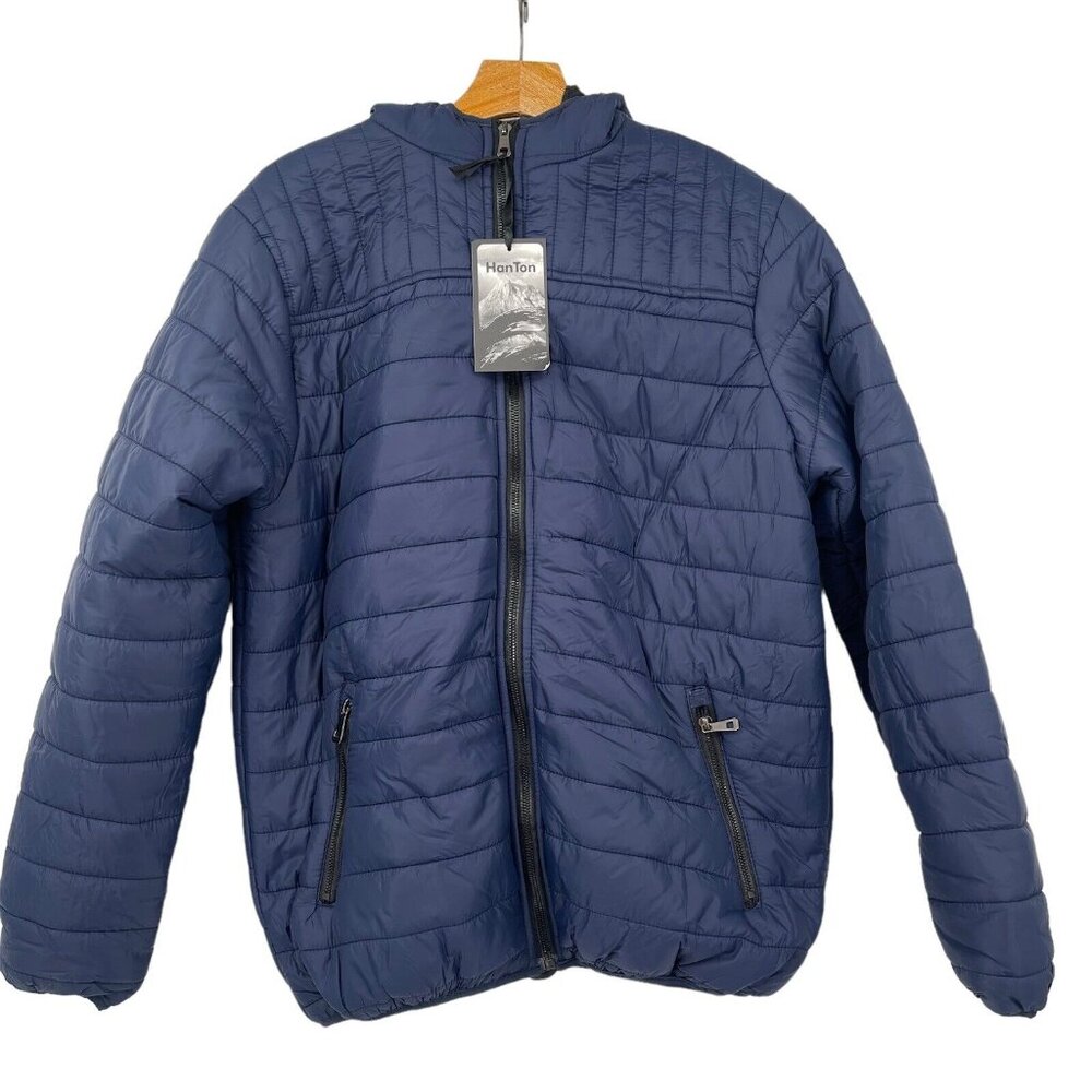 Han Ton Women's Jacket Hood Lined Puffer Coat Navy blue size large New $99